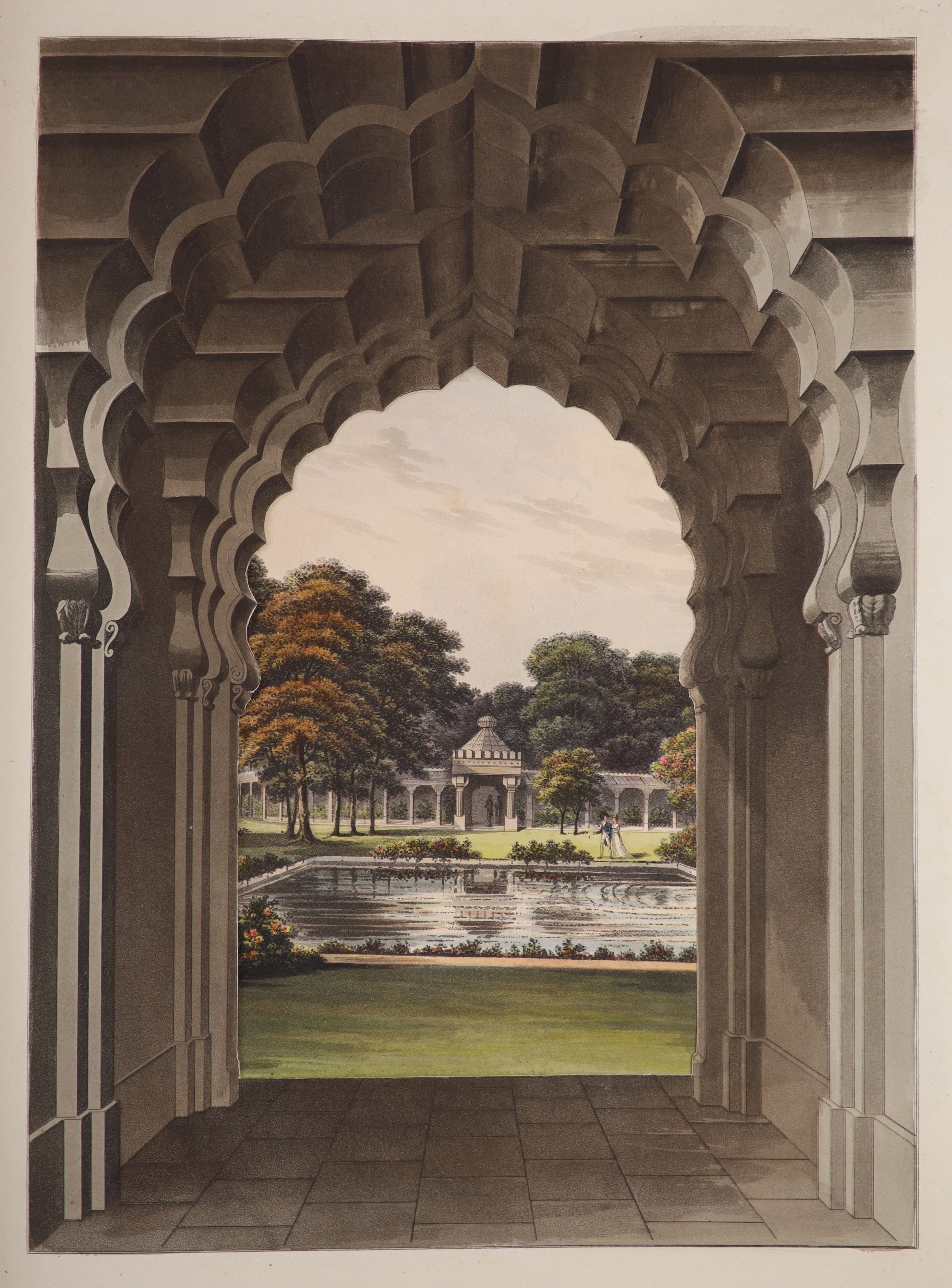 Repton, Humphry; John Aden & G.S - Design for the Pavillon [sic] at Brighton, 2nd issue, folio, rebound half blue morocco, with 20 plates and illustrations, including an engraved hand-coloured general ground plan; compri